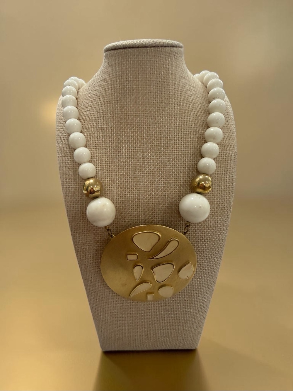 White Beaded Statement Necklace with Gold Medallion